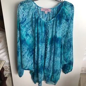 Nicole Richie teal blue and white sheer blouse